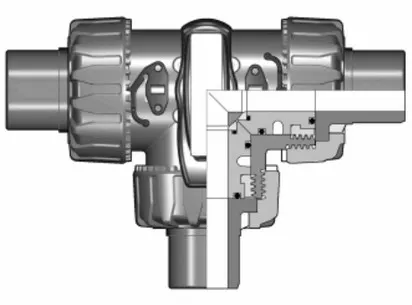 3-х ходовой шаровой кран ПВХ TKD с втулочными окончаниями, T-шар, EPDM, FIP d25